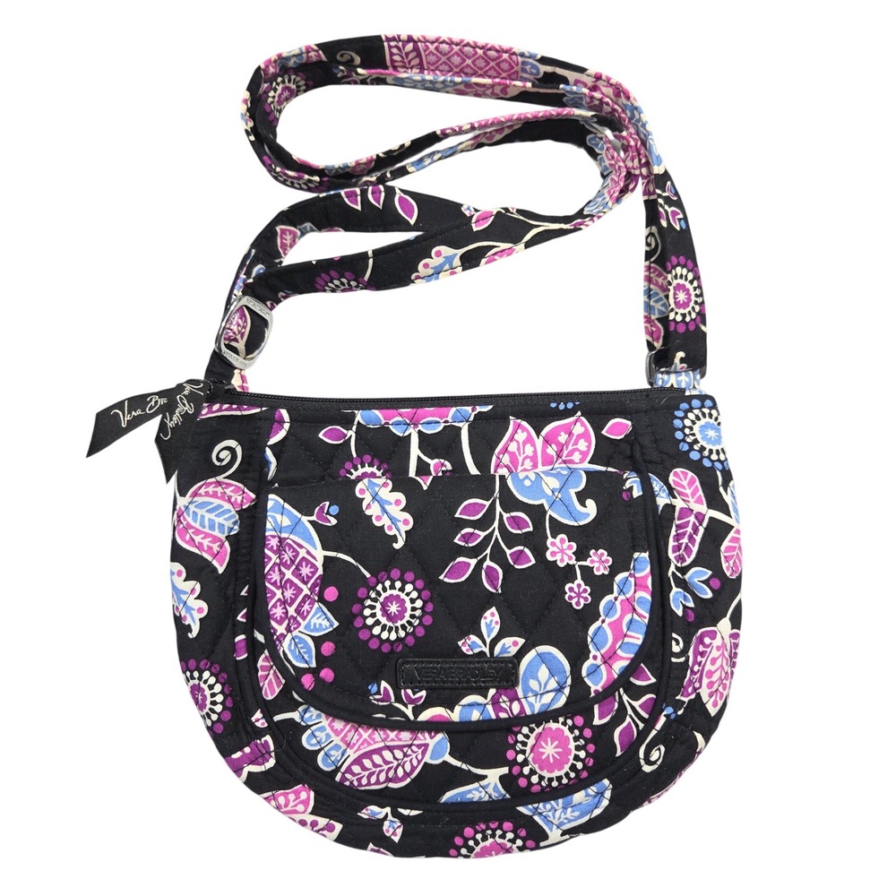 Vera Bradley Lizzy Quiltedβ Cotton Crossbody Bag Purse Black Purple Floral Boho
